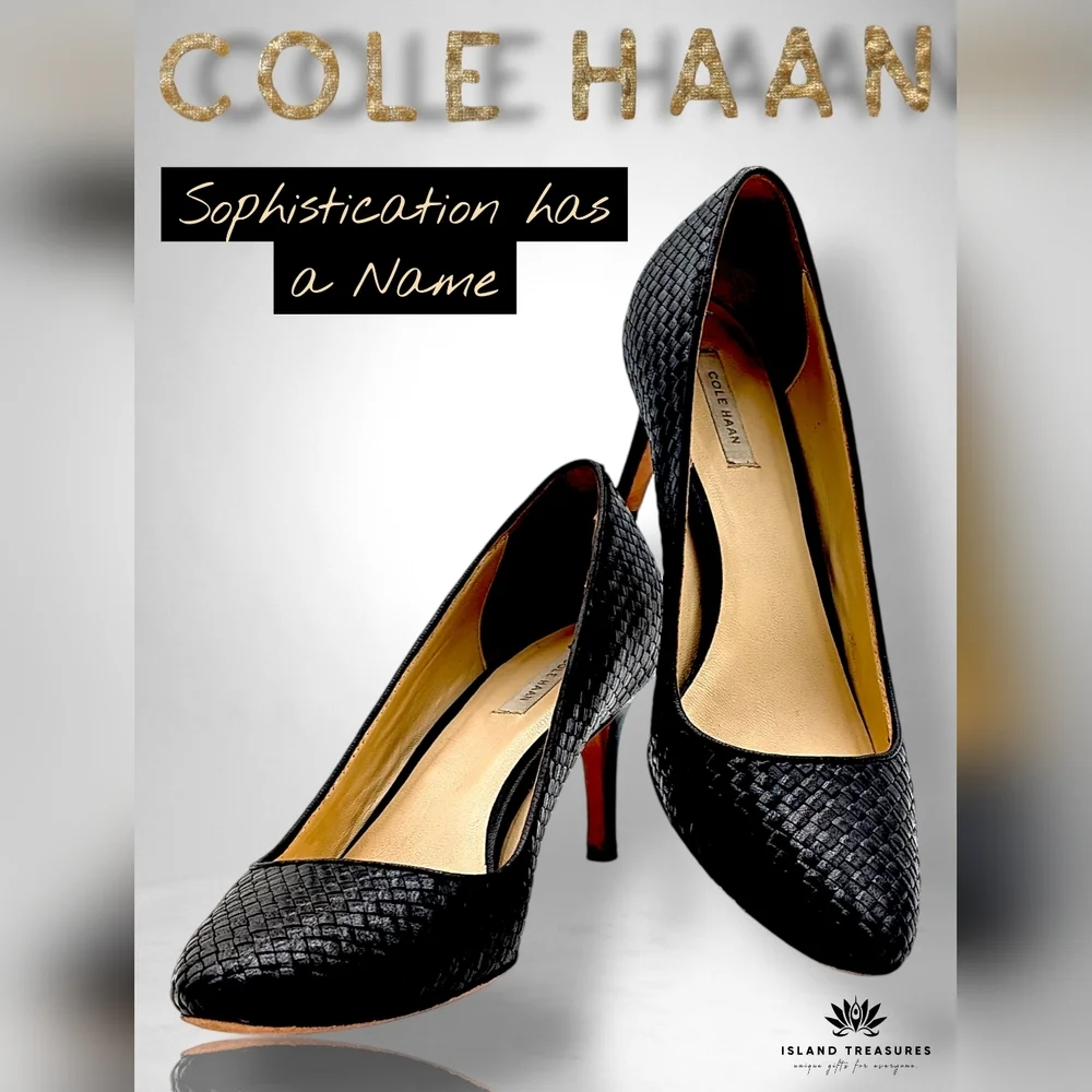 Cole Haan Grand.OS Women's Size 8B Woven Genuine Black Leather Heels Closed Toe